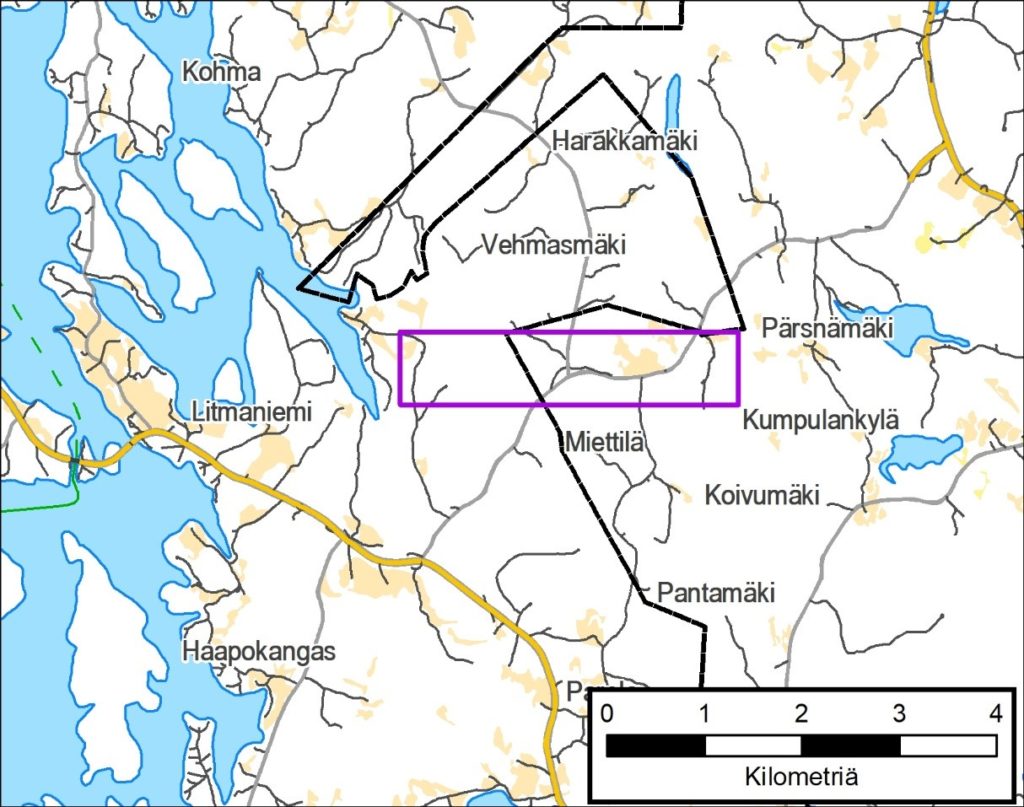 Karttakuva Litmaniemen ja Pärsnämäen välisestä alueesta, jolla mittaukset suoritetaan.