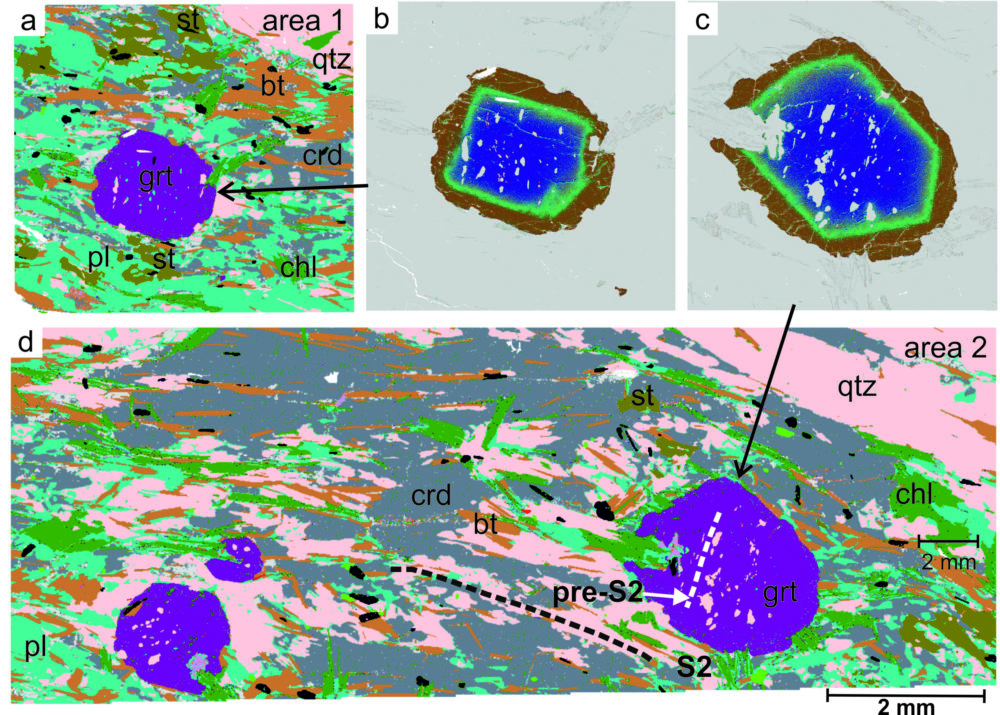 Figure 2. QEMSCAN images of a thin section, b) and c) on garnet. Mineral abbreviations: bt = biotite, chl = chlorite, crd = cordierite, grt = garnet, pl = plagioclase, st = staurolite, qtz = quartz.