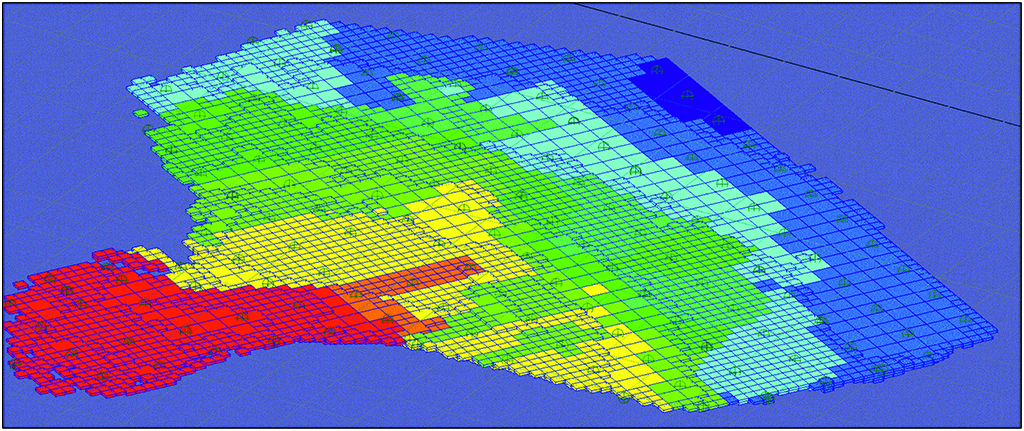 Block model from a tailings pond which can show either grade and grain size distribution.