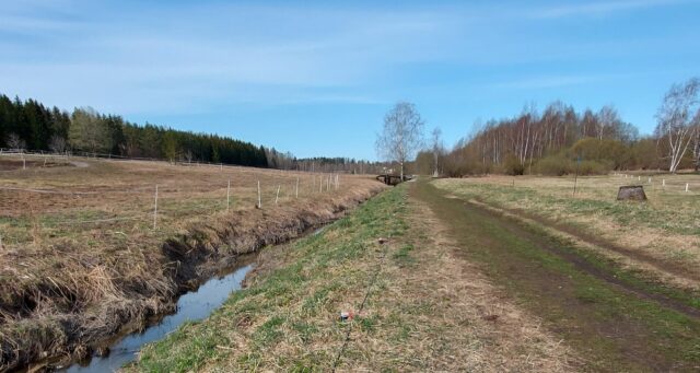 Pellonlaitaa ja ojitusta Espoon Äijänpellossa kohteella, jossa GTK:n tutkijat suorittavat geofysiikan mittauksia.