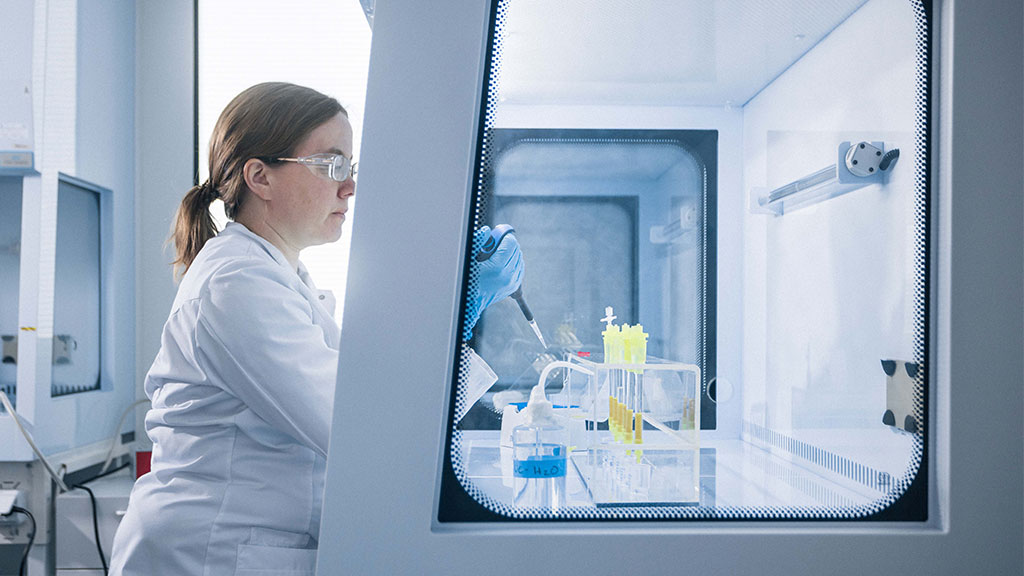 The laboratory worker does her work in the laminar cabinet of the research laboratory.