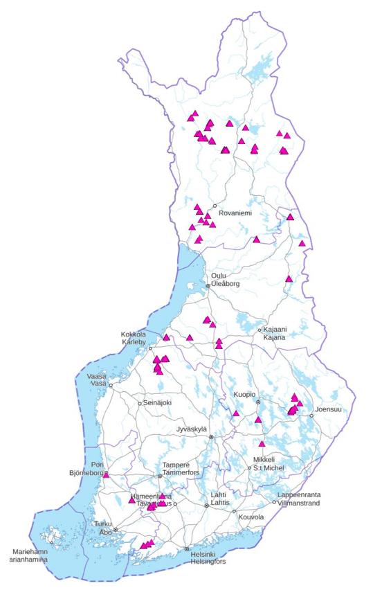 Suomen kartta Minerals Deposits and Exploration -karttapalvelusta.