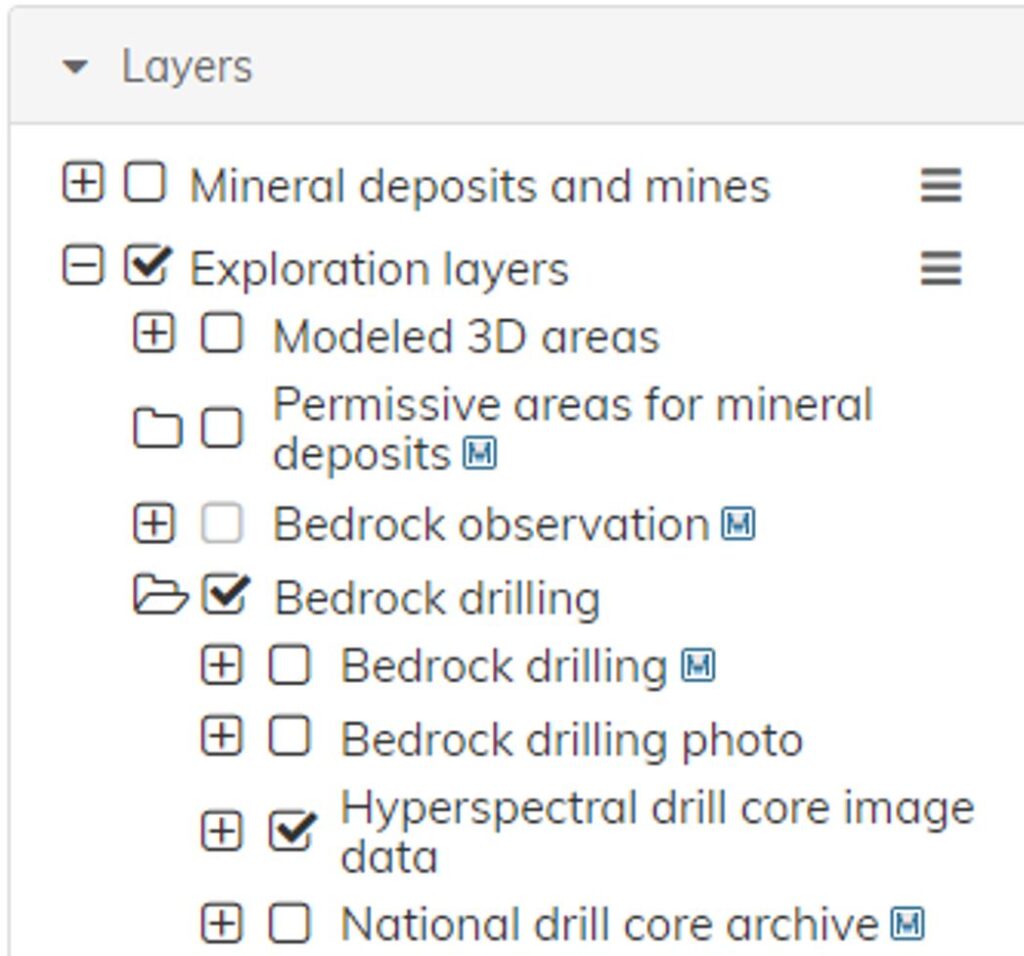 Kuvaus mitä tasoja tulee olla päällä, jotta skannaustulokset näkyvät MDaE-palvelussa. 1. Exploration layers 2. Bedrock drilling 3. Hyperspectral drill core image data.