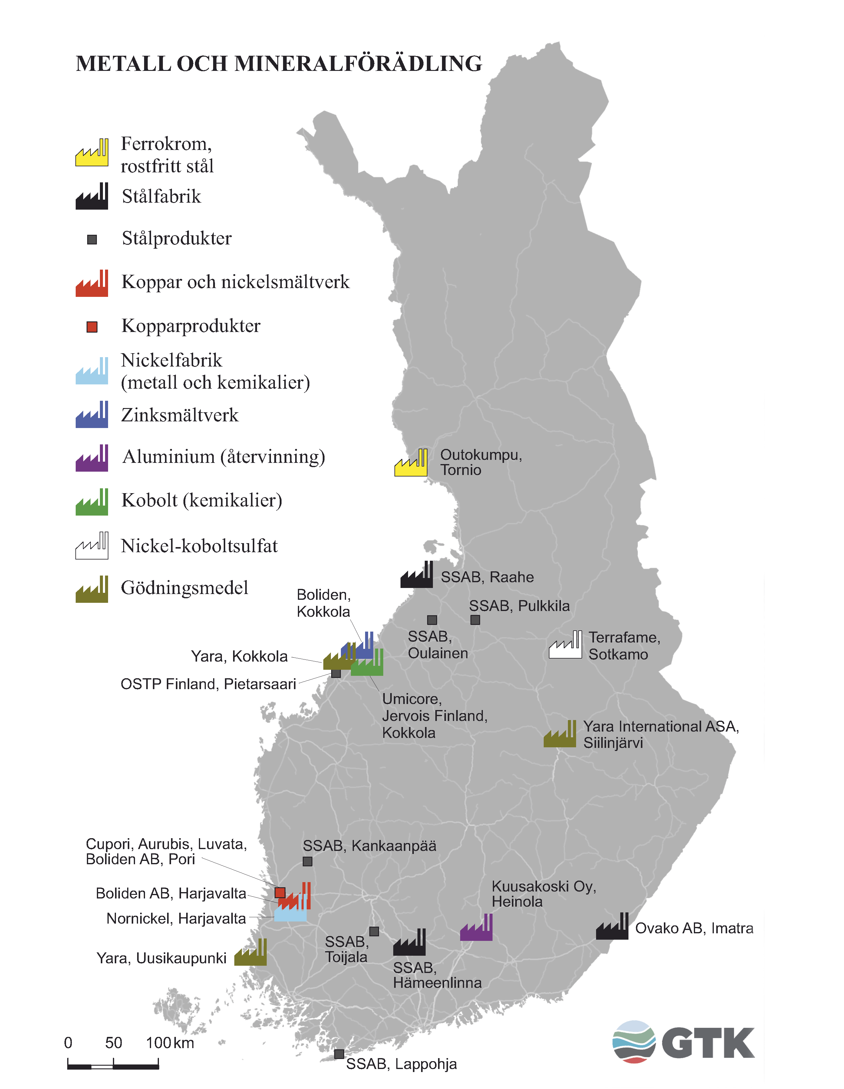 Karta över Finland, där bearbetningen av metaller och mineraler är markerad