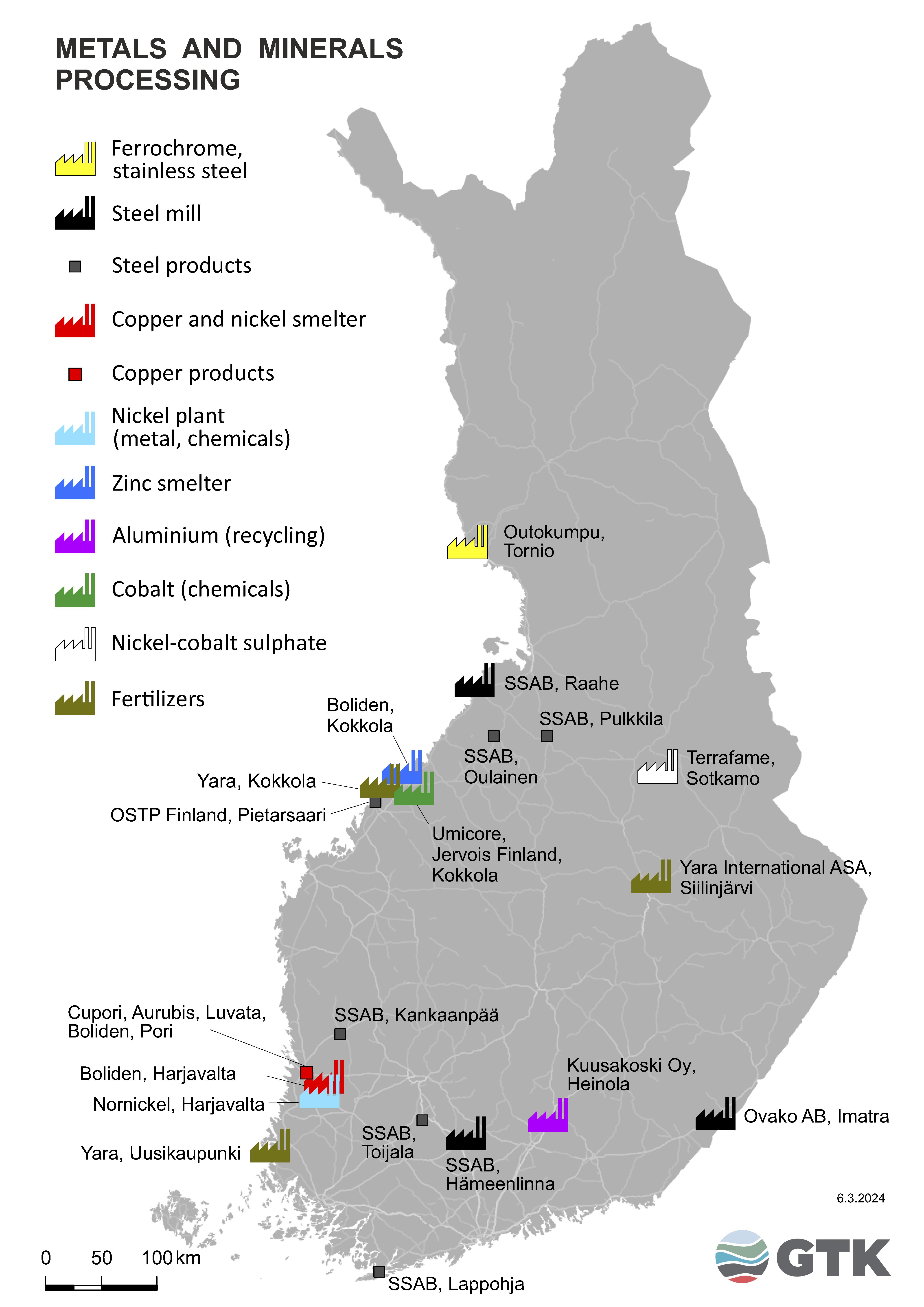 Metals and minerals provessing on the map of Finland
