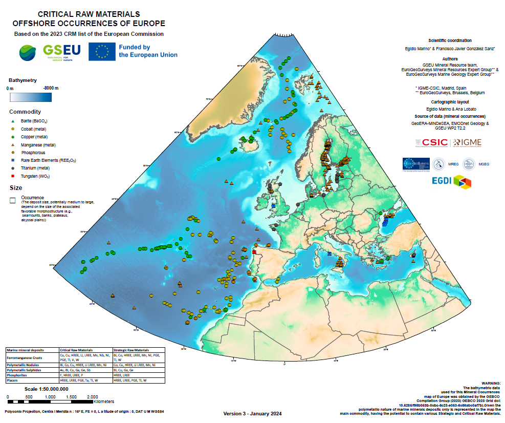 Map of the presence of critical raw materials in European sea areas
