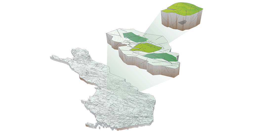 Concept image of the geological site selection for a nuclear plant or a nuclear waste repository. A selected research area on a map of Finland is highlighted, from where to proceed to a more detailed site examination, and finally to the selection of a suitable site.