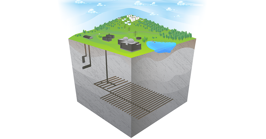 Concept image of the final disposal of nuclear waste in a repository deep in the bedrock. On the surface a nuclear facility, waterways, trees, and settlements.