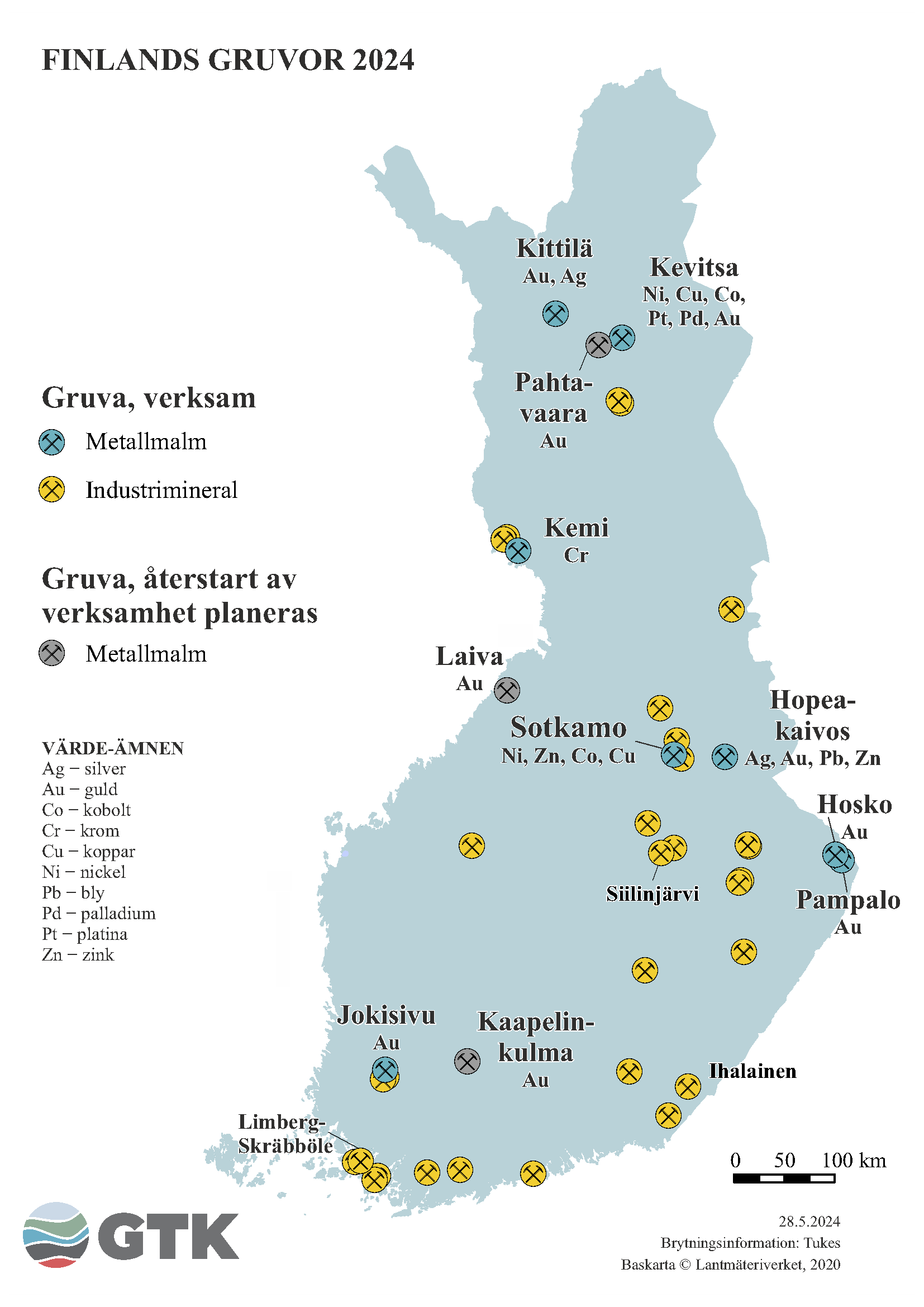 En karta över Finland som visar gruvor i Finland 2024
