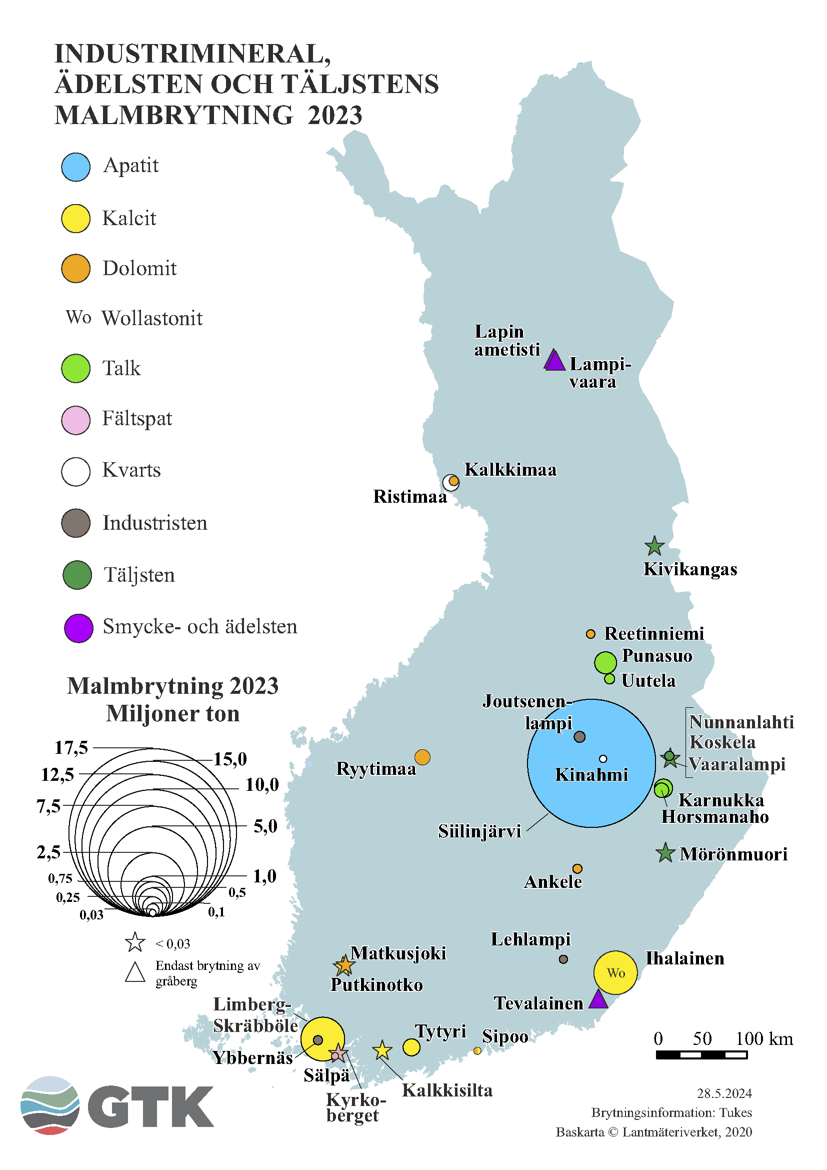 En karta över Finland som visar malmutvinning av industriella mineral-, ädelstens- och täljstensgruvor