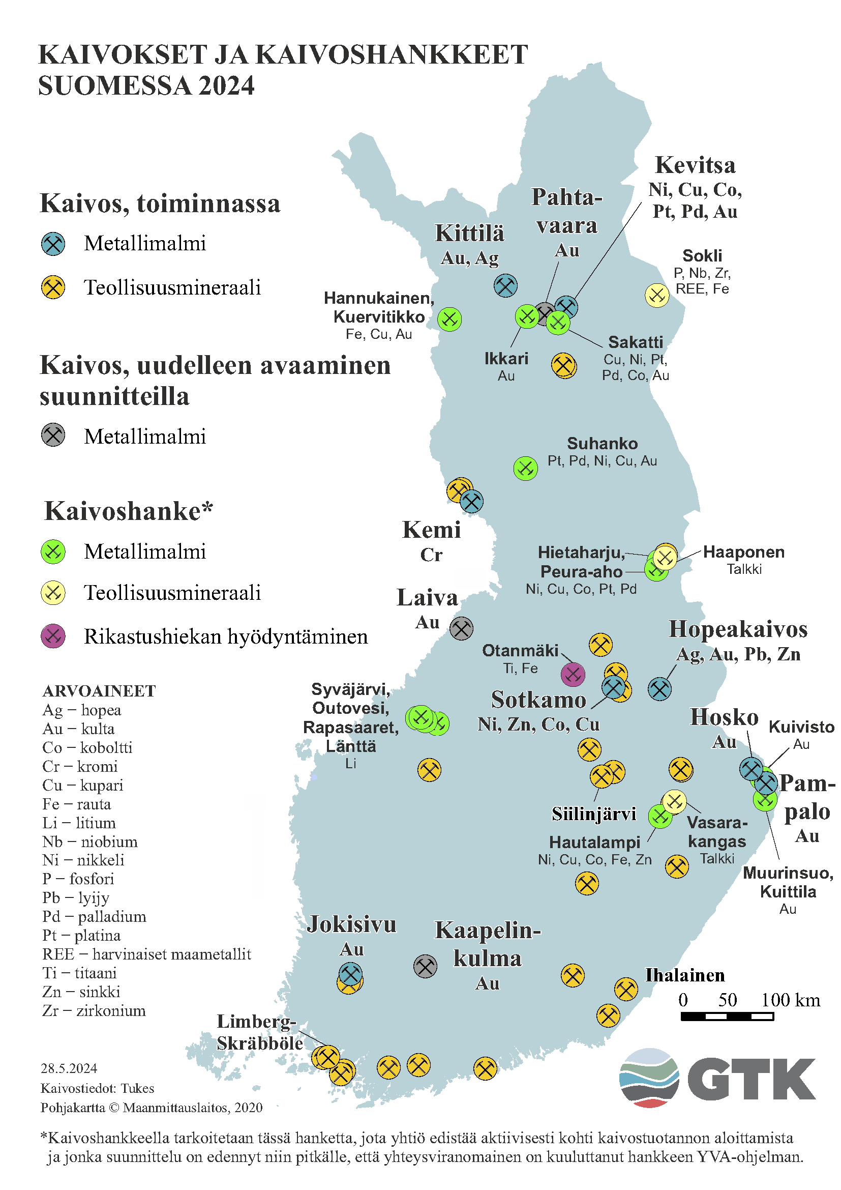 Suomen kartta, johon on merkattu kaivokset ja kaivoshankkeet Suomessa vuonna 2024