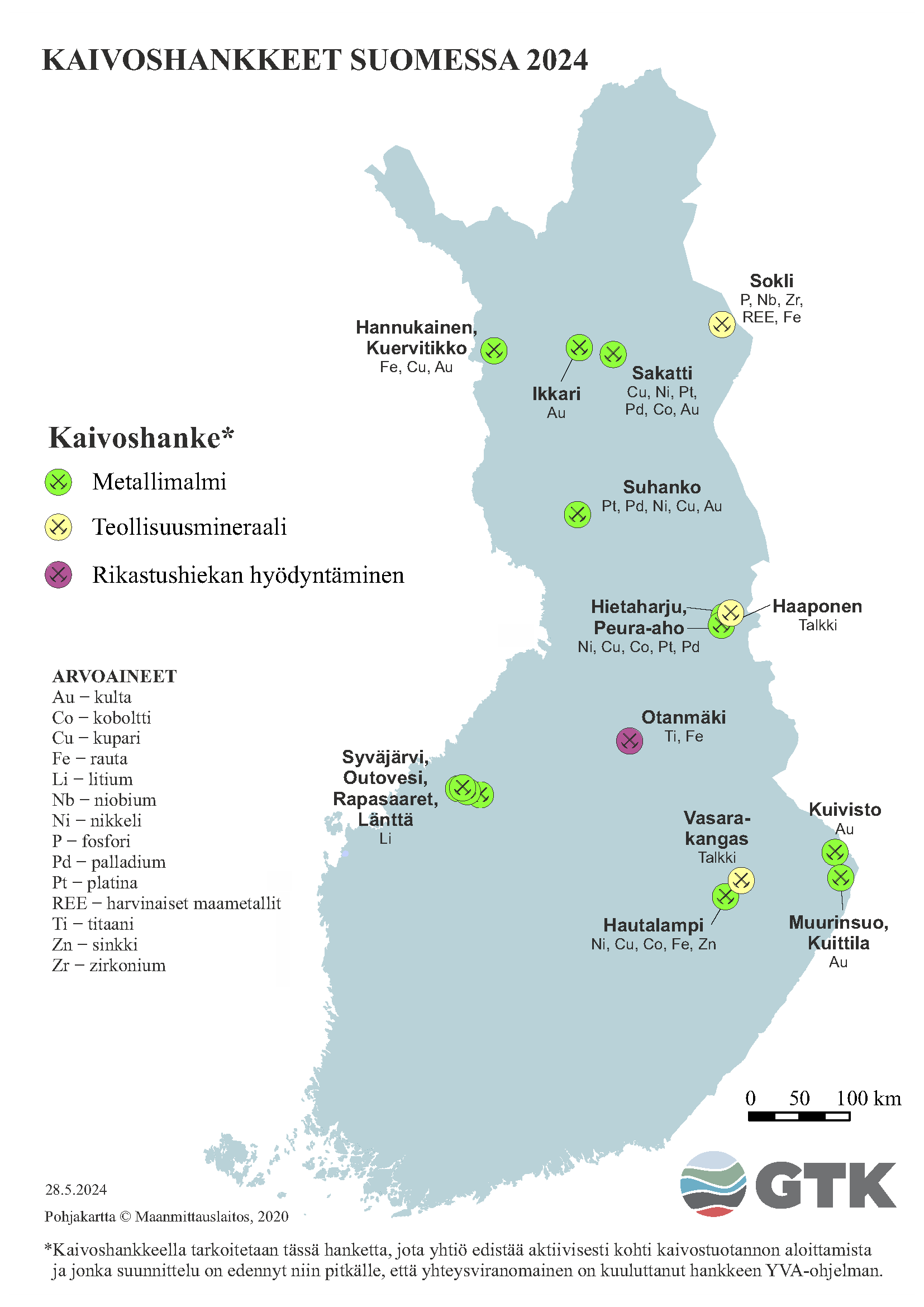 Suomen kartta, johon on merkattu kaivoshankkeet Suomessa vuonna 2024