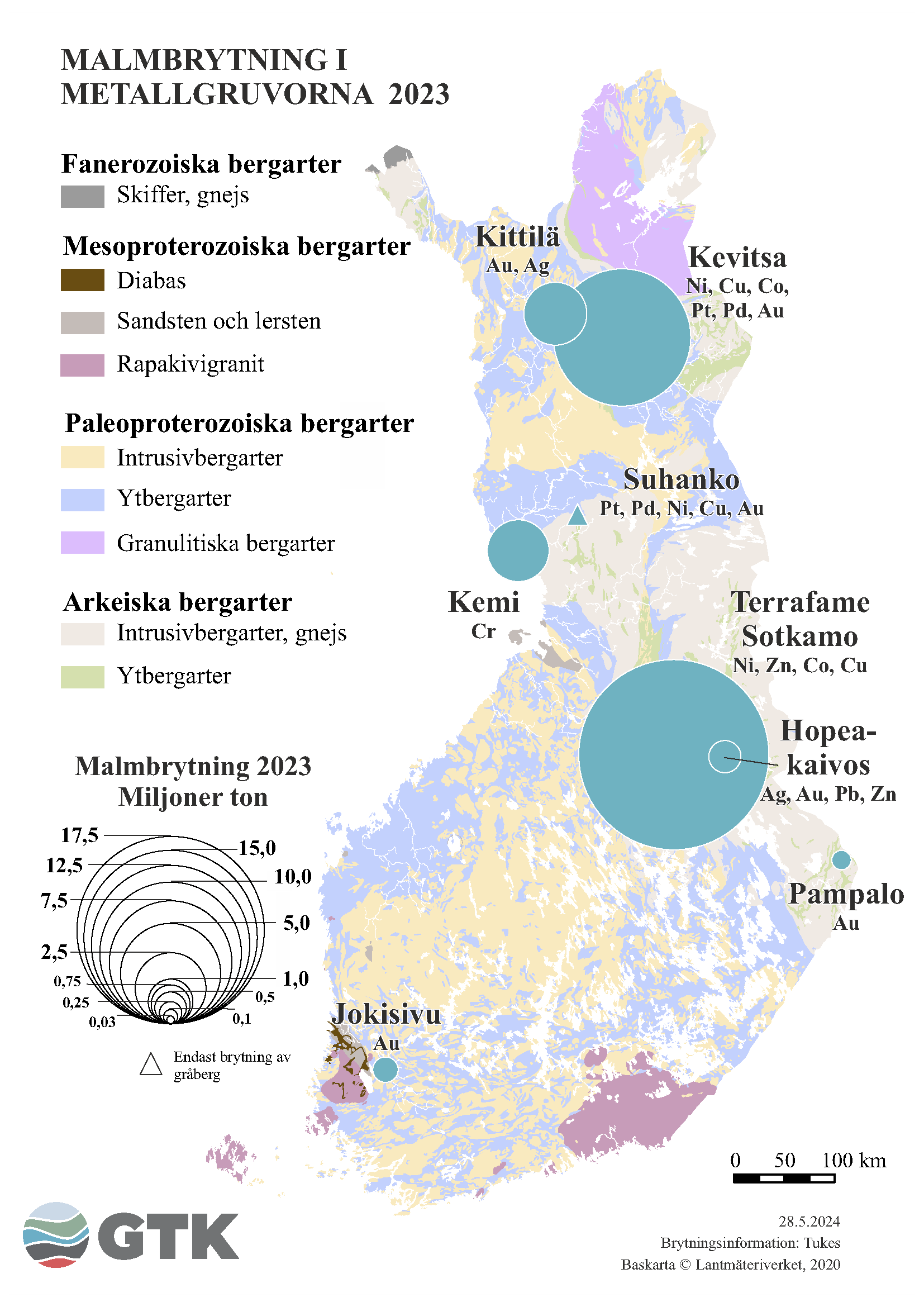 En karta över Finland, på vilken malmbrytningen av metallmalmsgruvor är markerad