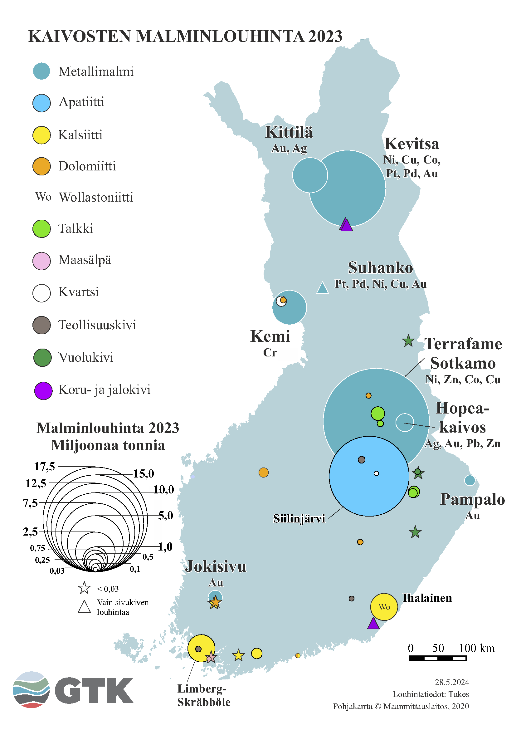 Suomen kartta, johon on merkattu kaivosten malminlouhinta vuonna 2023