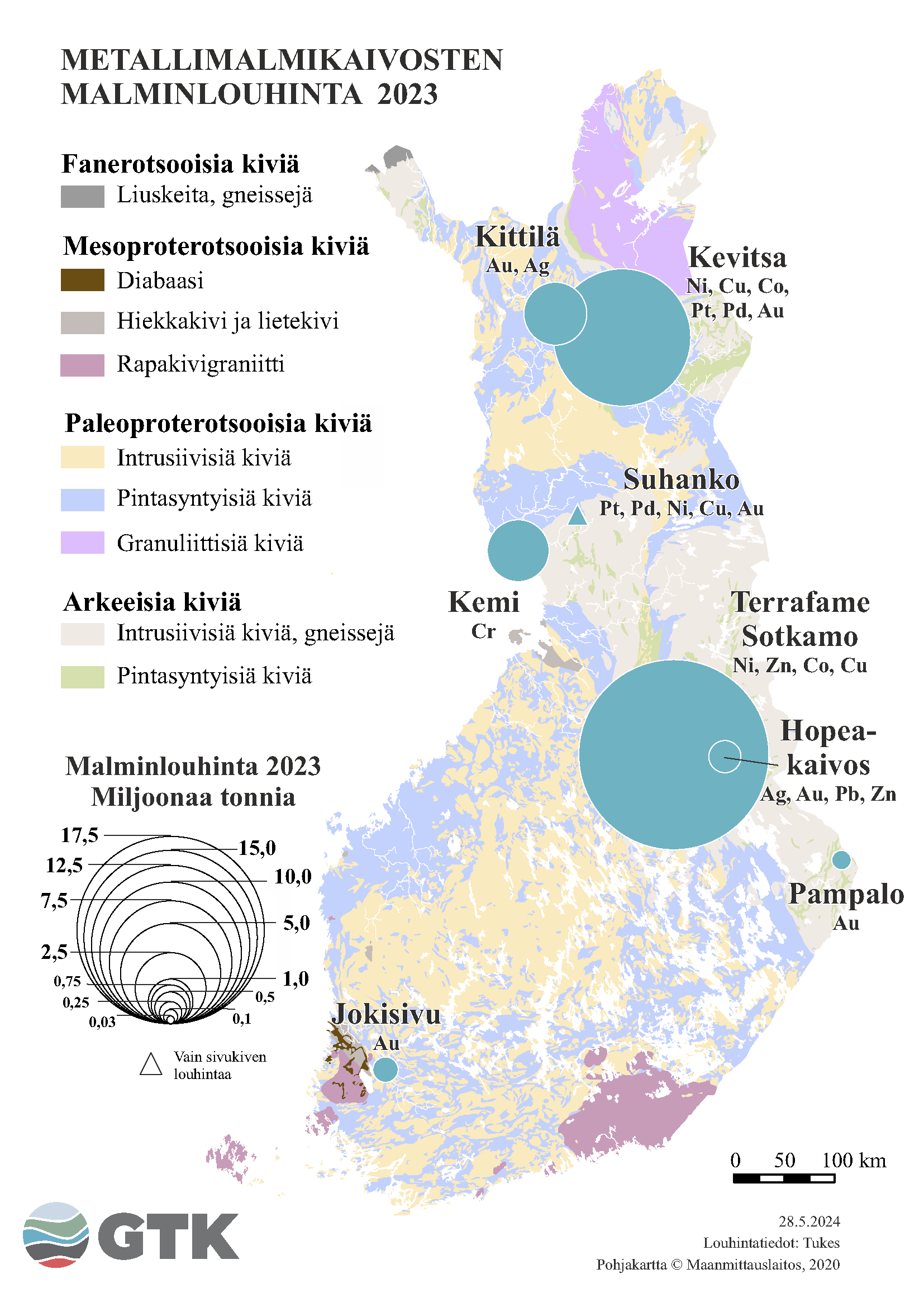 Suomen kartta, johon on merkattu metallimalmikaivosten malminlouhinta vuonna 2023