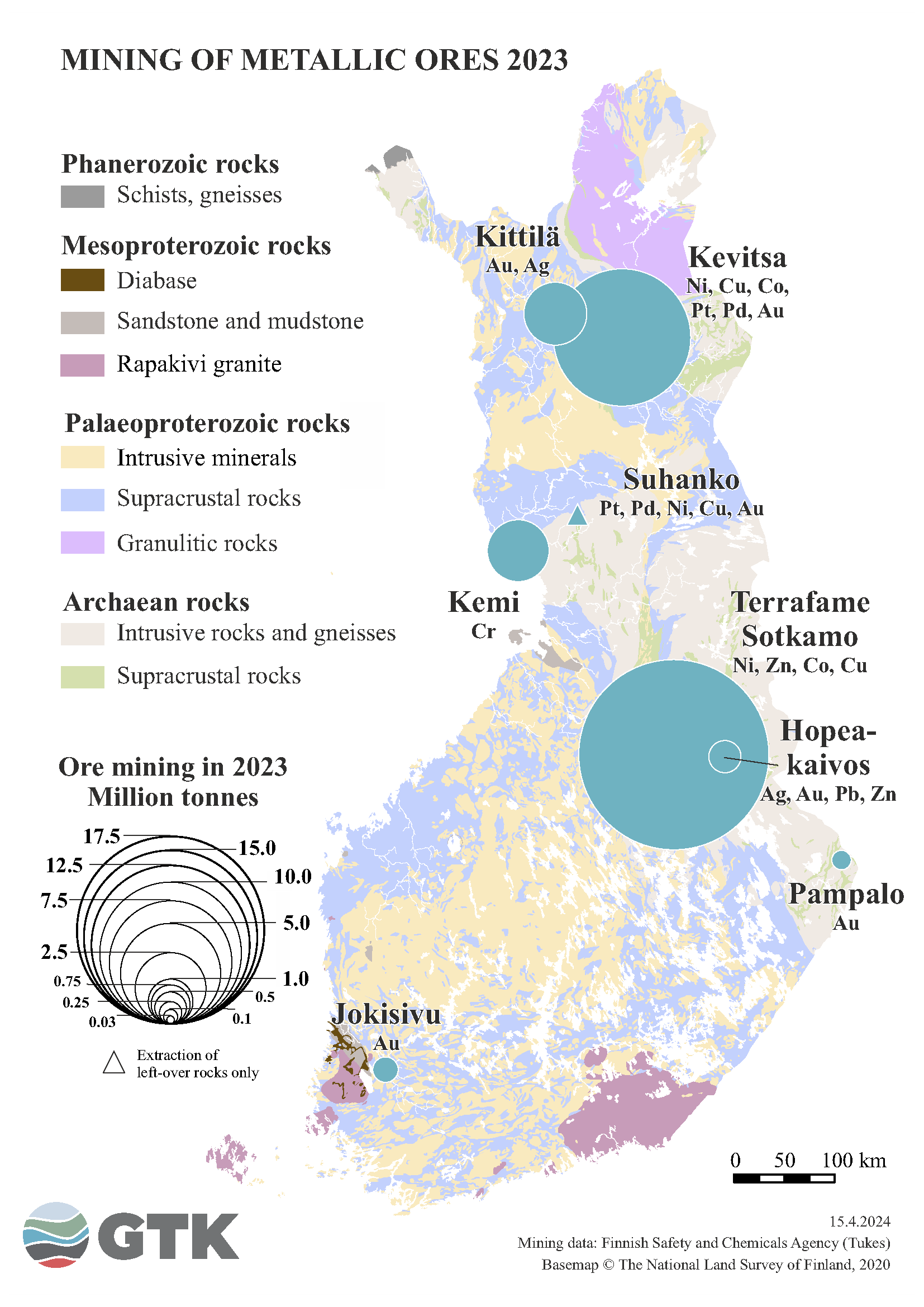Mining of metallic ores on the map of Finland