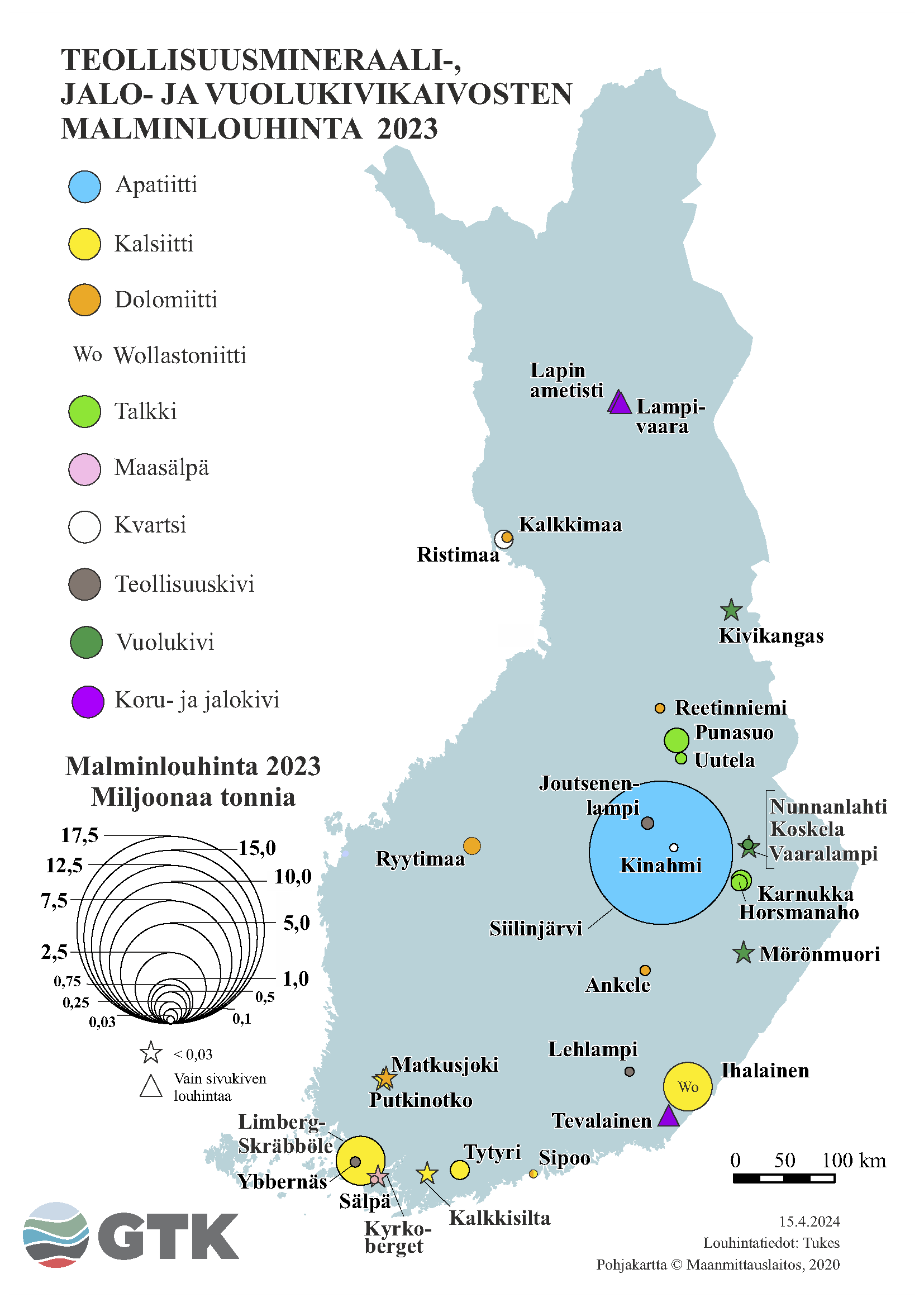 Suomen kartta, johon on merkattu teollisuusmineraali-, jalo- ja vuolukivikaivosten malminlouhinta vuonna 2023