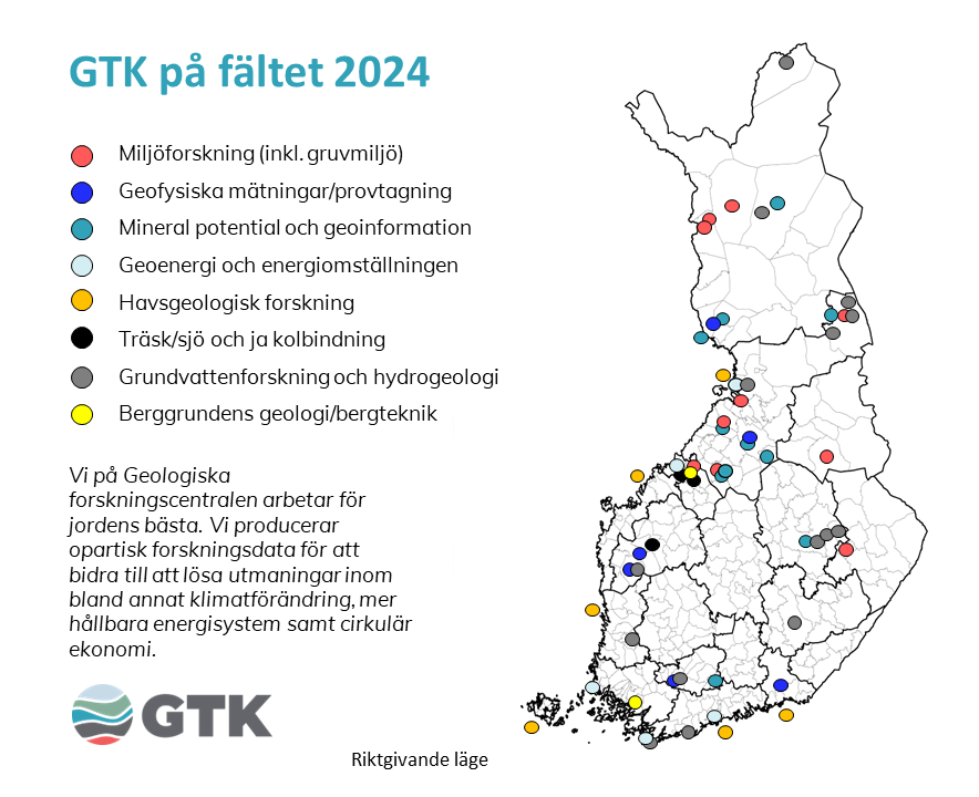GTK:s fältarbetsplatser 2024 på Finlandskartan