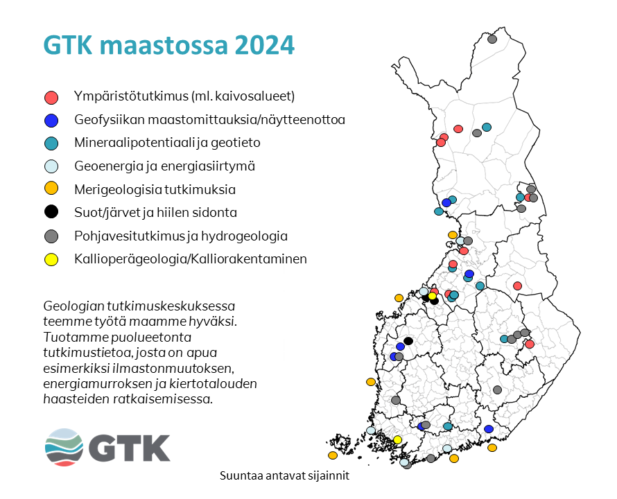 GTK:n maastotyökohteet Suomen kartalla kesällä 2024