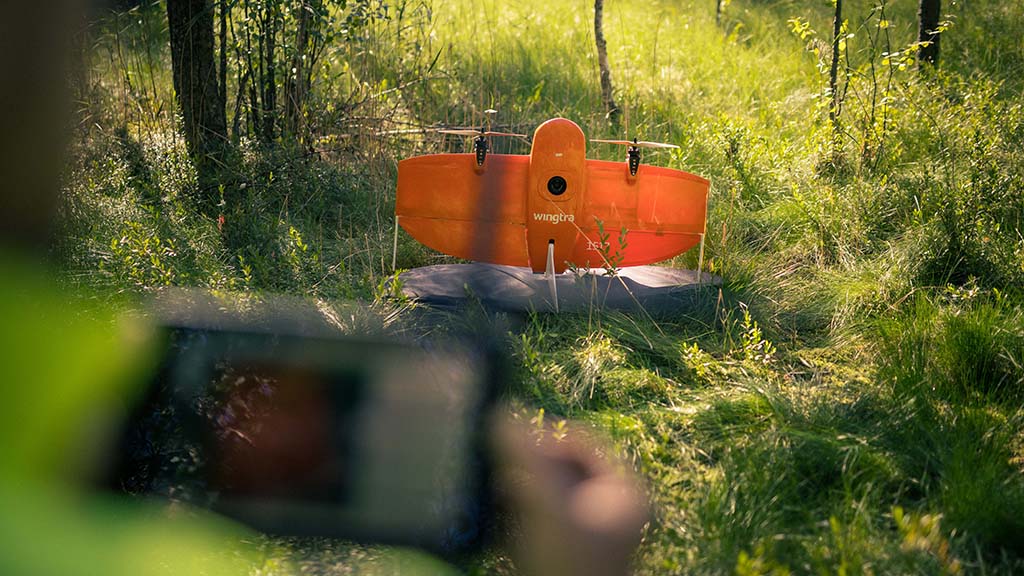 Lennättäjä ja drone valmiina tutkimuslentoon aurinkoisen metsän keskellä.