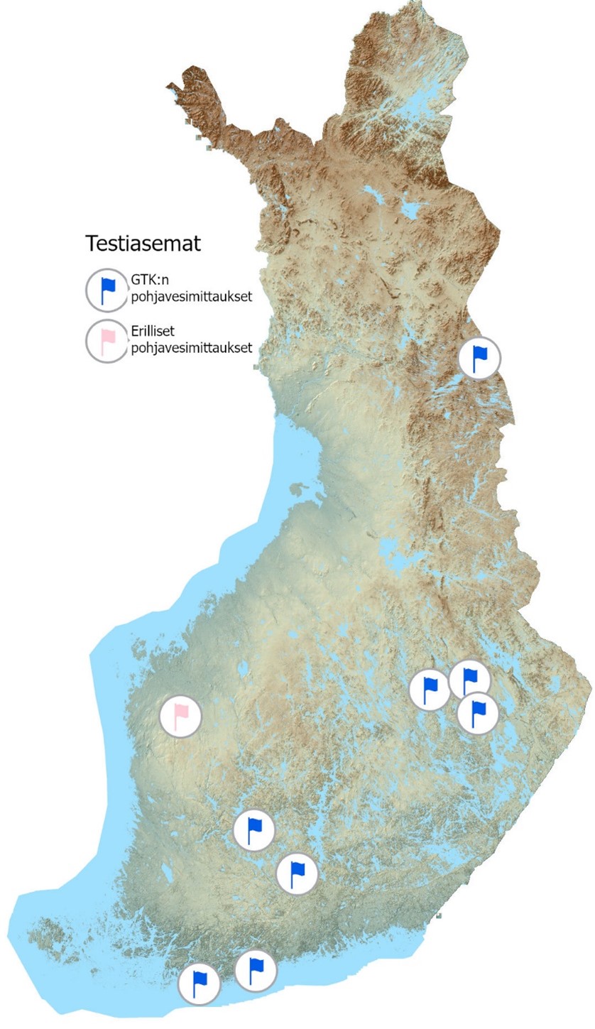 Pohjavesitutkimuksien testiasemat Suomen kartalla