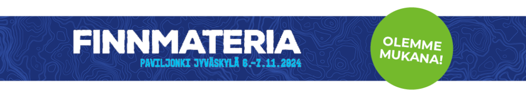 Sinisellä taustalla teksti FinnMateria sekä vihreä pallo, jossa teksti: Olemme mukana.