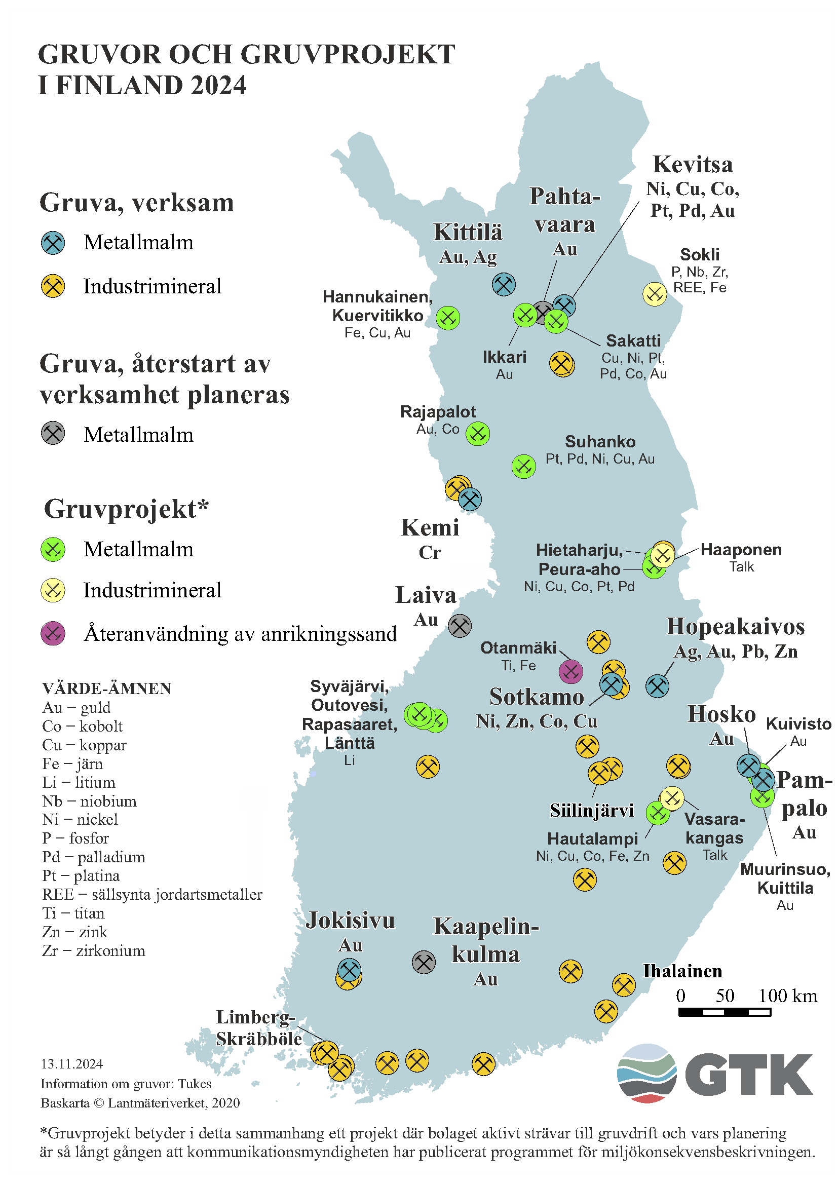 En karta över Finland som visar gruvor och gruvprojekt i Finland 2024