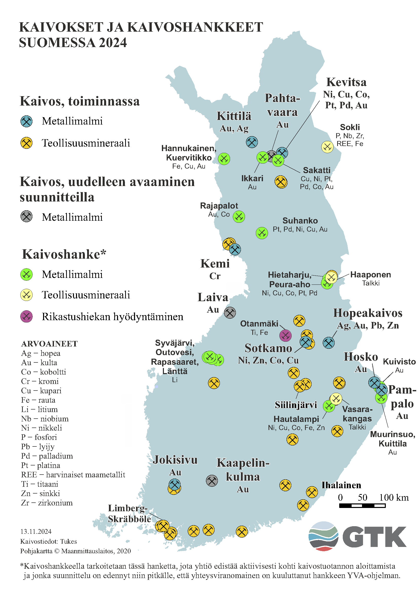 Suomen kartta, johon on merkattu kaivokset ja kaivoshankkeet vuonna 2024.