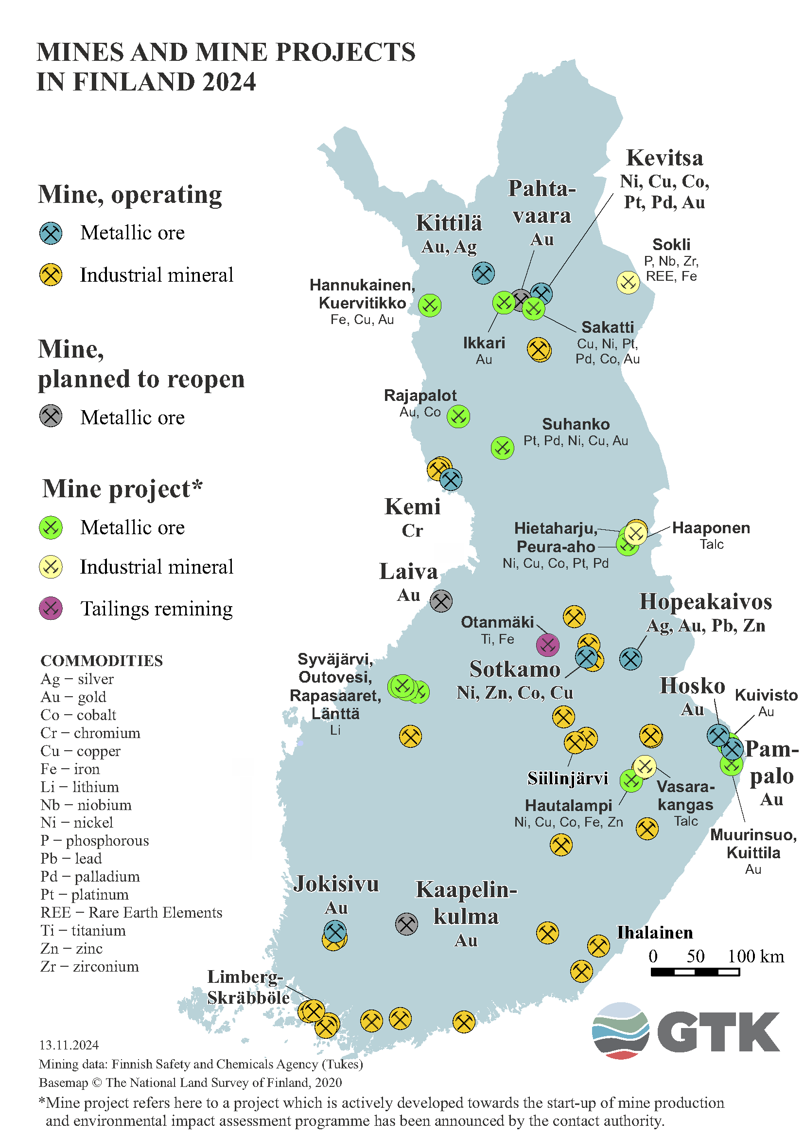 Mines and mine projects on the map of Finland