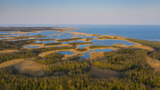 Aerial view to a sunset on a coastal seascape with a complex archipelago pattern on Saaremaa Island, Estonia.