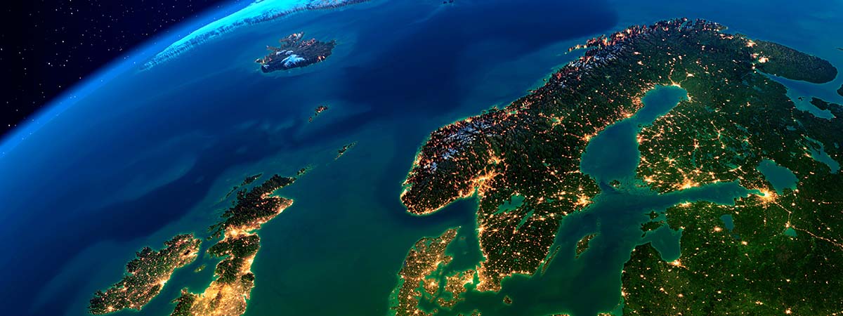 Planet Earth with detailed exaggerated relief at night lit by the lights of cities. Europe. Scandinavia. 3D rendering. Elements of this image furnished by NASA