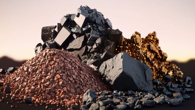 Piles of different metal ores. The image is AI-generated.