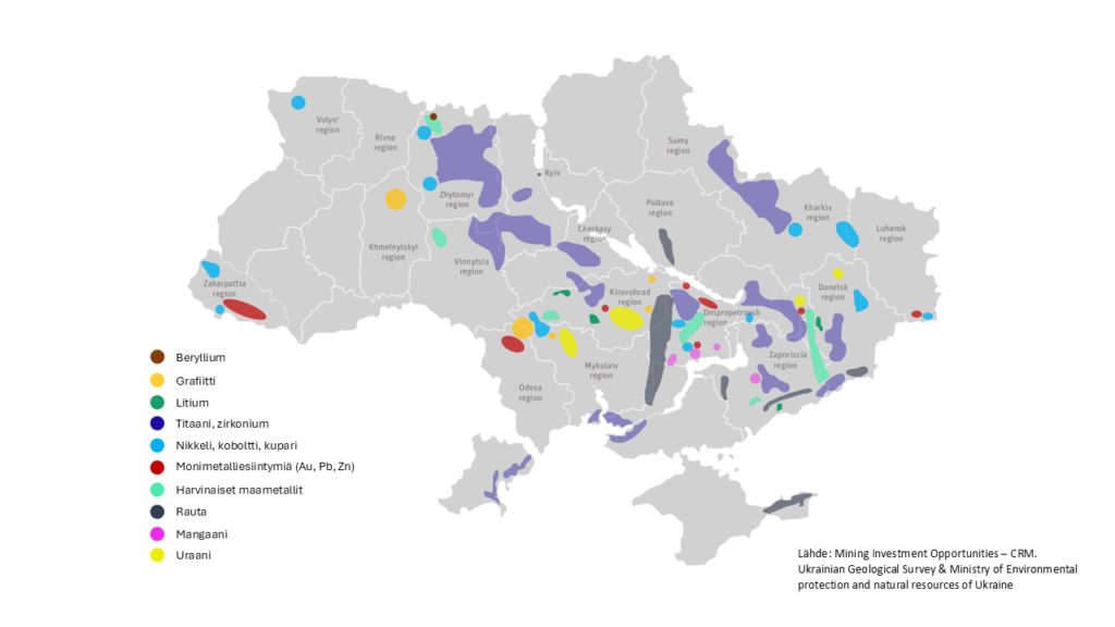 Kartta Ukrainan mineraalivarannoista, joissa eri värit osoittavat eri mineraalien esiintymiä, kuten beryllium, grafiitti, litium, titaani, nikkeli, monimetalliesiintymät, harvinaiset maametallit, rauta, mangaani ja uraani.